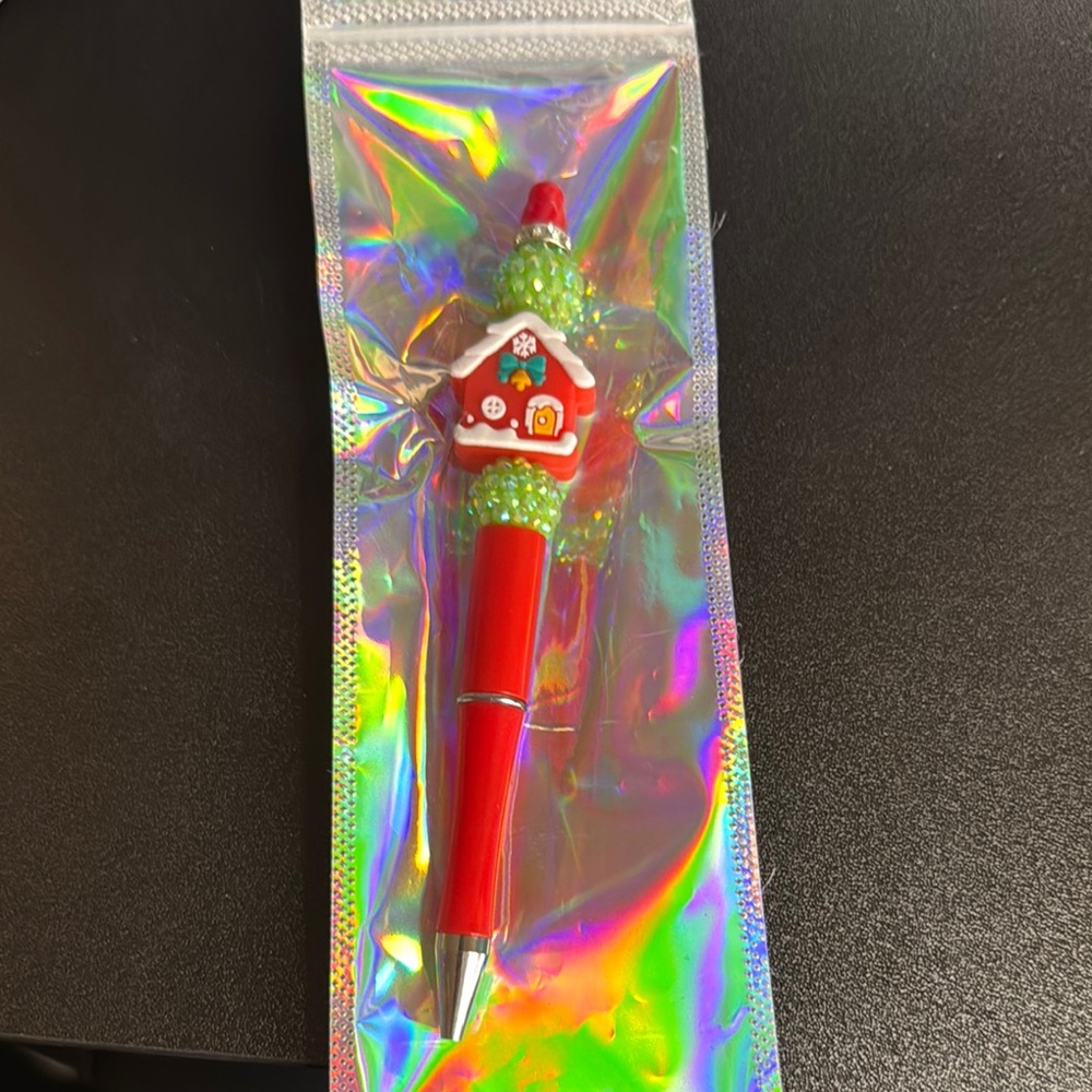 Charming Red Beaded Christmas House Pen, NEW, Fancy